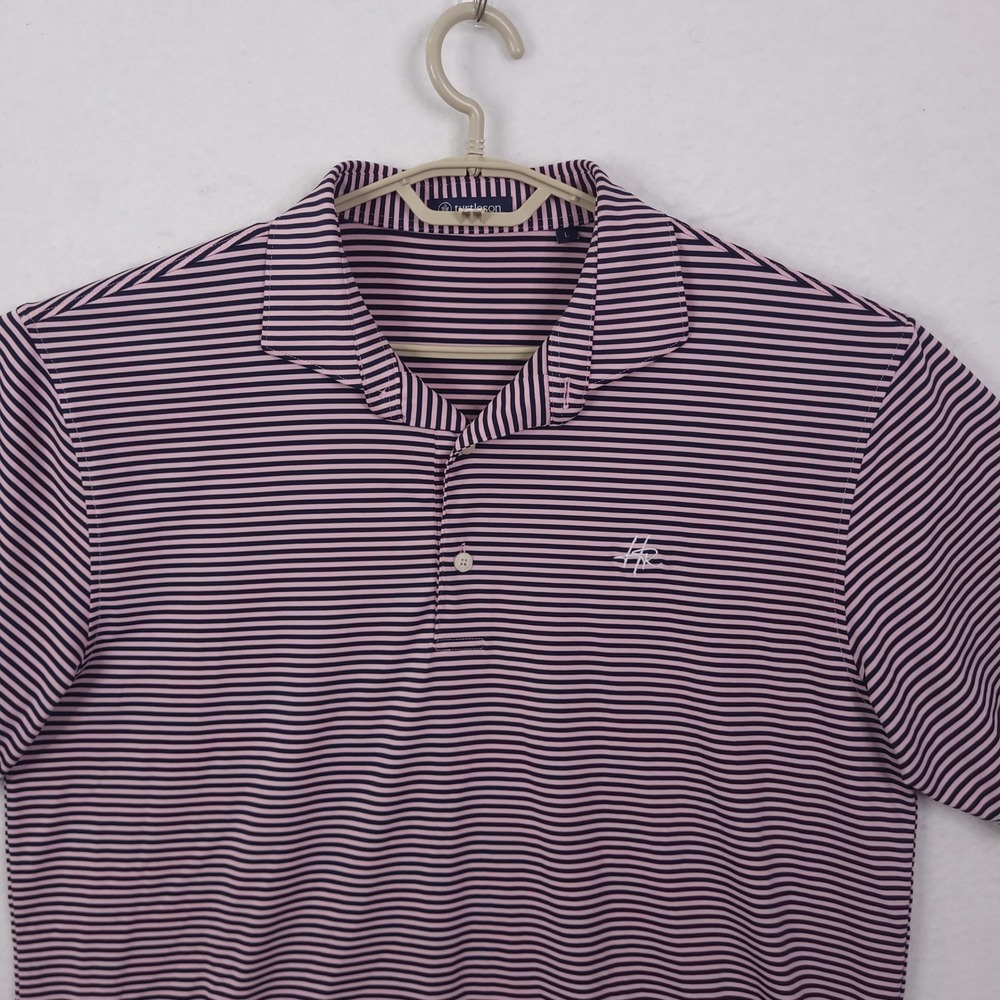 Turtleson Polo Shirt Mens L Pink Navy Blue Striped Performance Golf Activewear